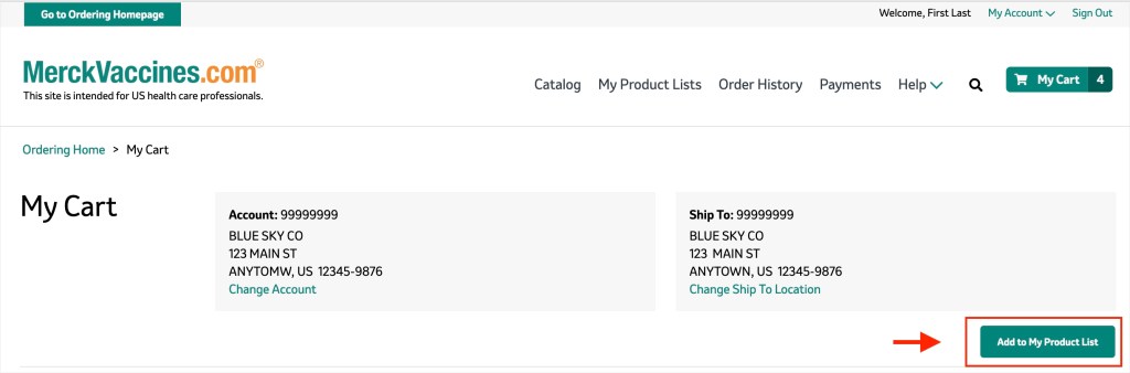 Create a New Shopping List From the Cart or Order Confirmation Pages on MerckVaccines.com