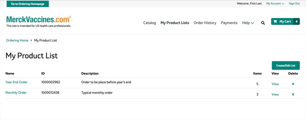 View or Update Shopping Lists Through My Product Lists Page on MerckVaccines.com