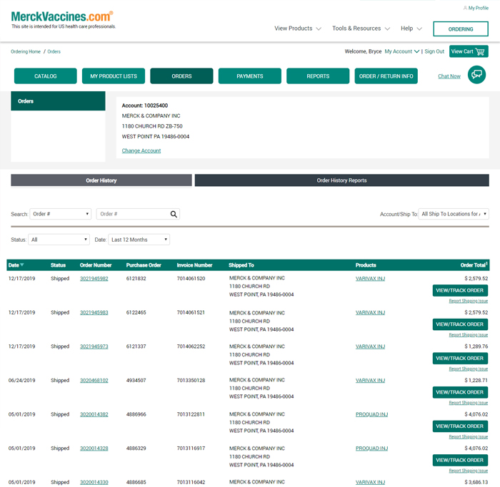 Order History on MerckVaccines.com