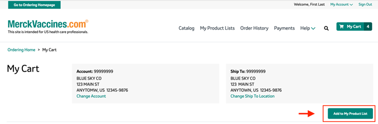 Create a New Shopping List From the Cart or Order Confirmation Pages on MerckVaccines.com